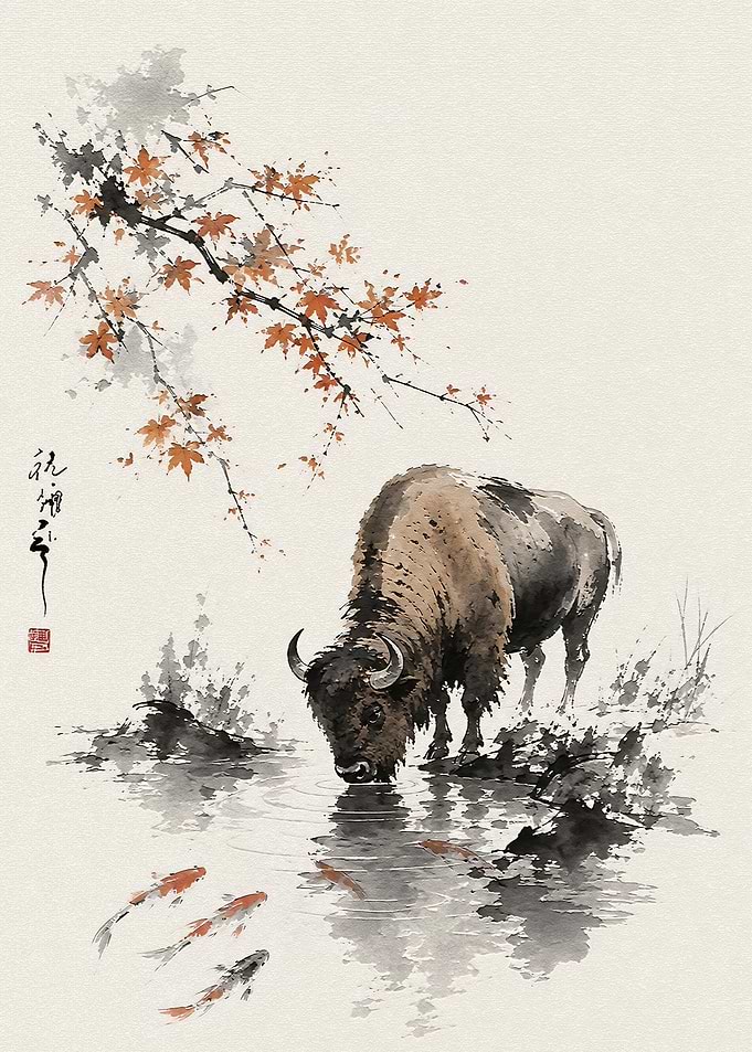 Bison Drinking at Pond Ink Wash