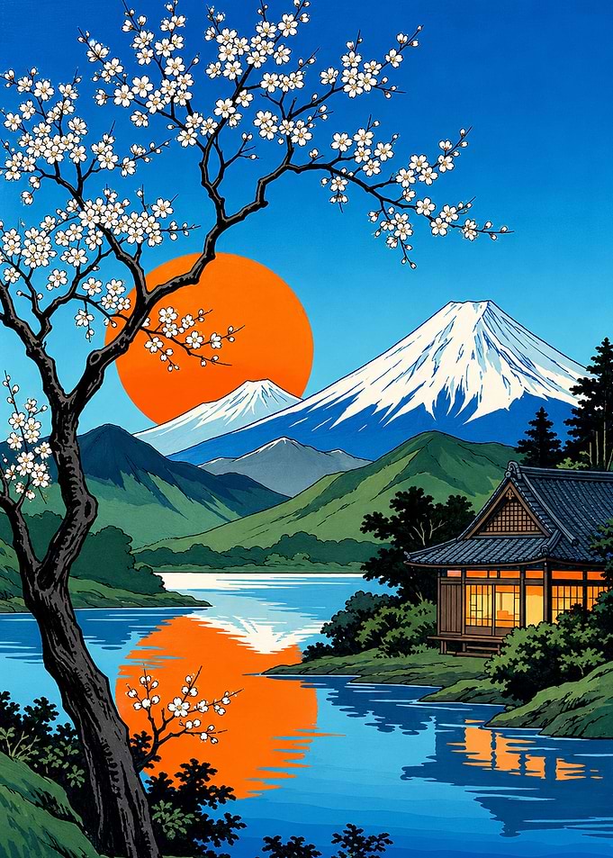Mount Fuji Sunset Japanese Landscape Art