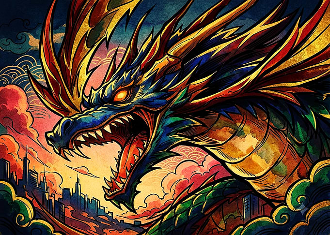 Fierce Dragon Over Cityscape Illustration