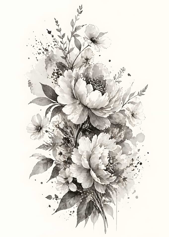 Monochrome Watercolor Peony Floral Arrangement