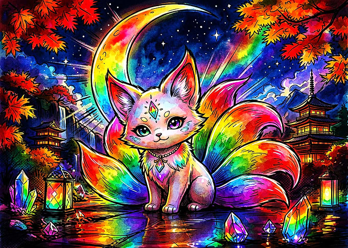 Rainbow Nine-Tailed Fox Fantasy Illustration