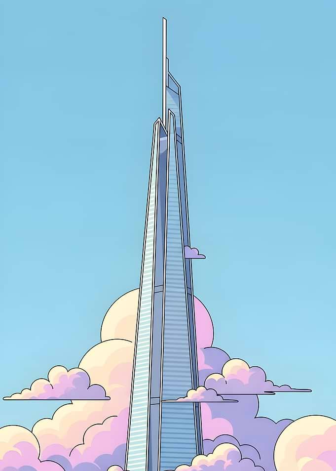 Futuristic Skyscraper Above Pastel Clouds