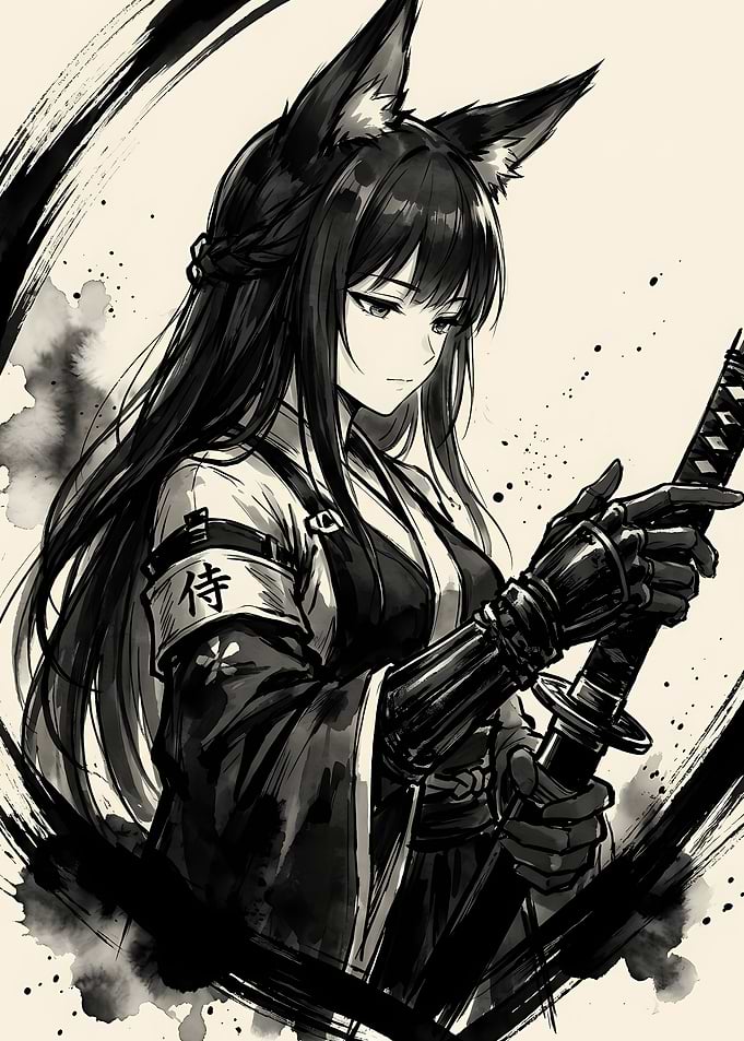 Fox Girl Samurai Ink Illustration