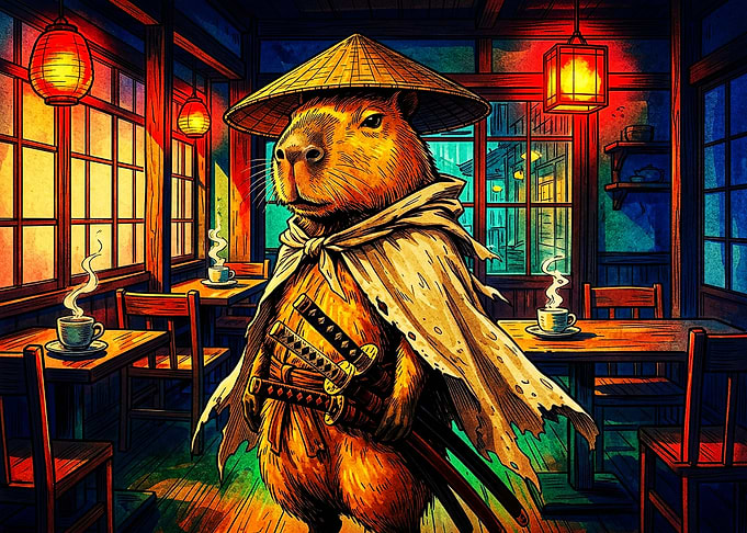 Samurai Capybara in Traditional Teahouse