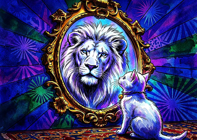 Small Cat Sees Lion Reflection