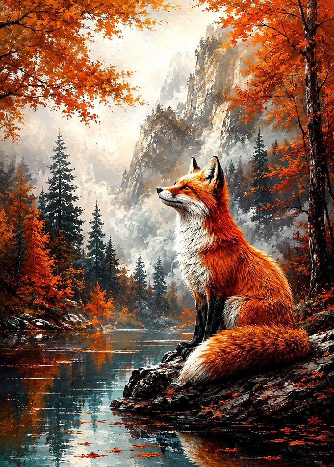 Fox Sitting by Autumn Lake