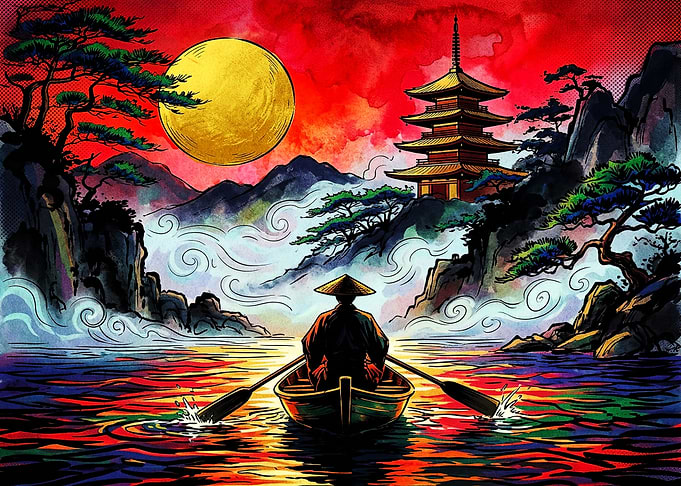Lone Samurai Rowing Toward Pagoda