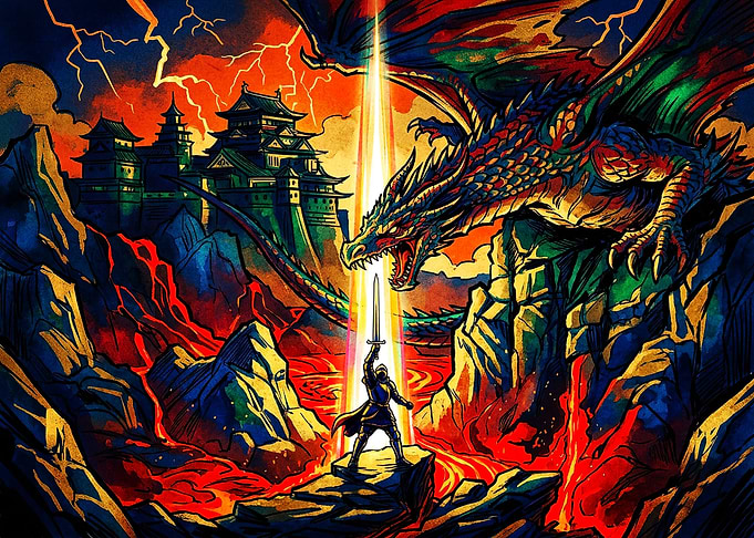 Knight Facing Dragon Before Japanese Castle