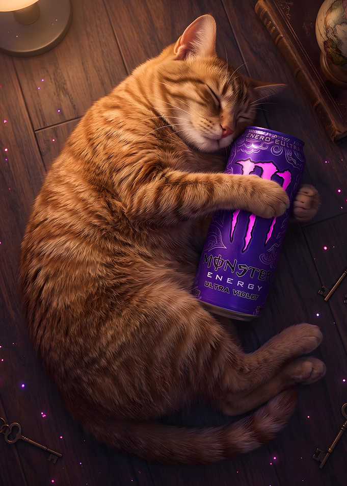 Sleeping Ginger Cat Hugging Monster Energy