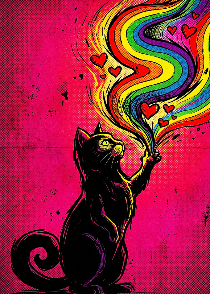 Black Cat Reaching for Rainbow Hearts