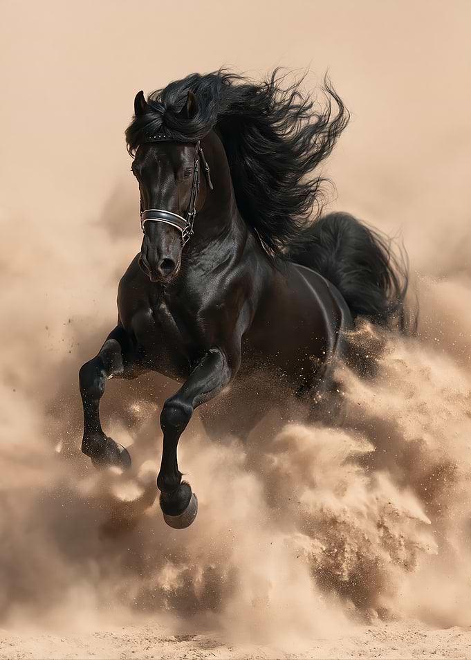 Majestic Black Horse Running in Sand
