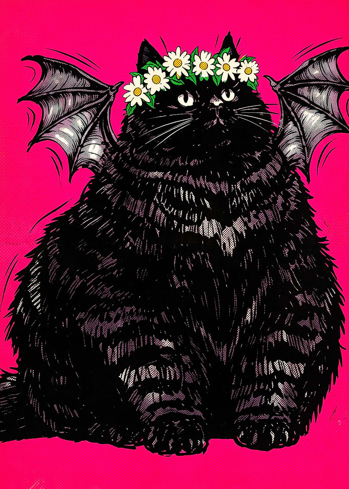 Chubby Black Cat with Bat Wings