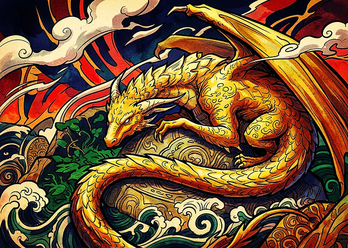 Golden Dragon Resting on Rock