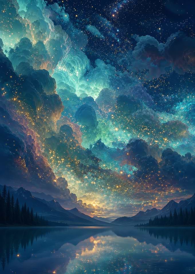 Ethereal Starry Night Over Mountain Lake
