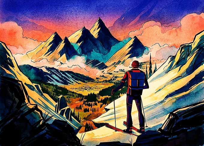 Skier overlooking a mountain valley