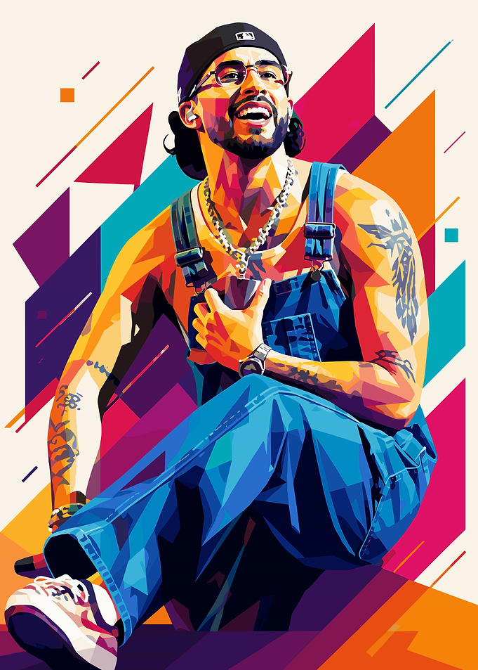 Bad Bunny Colorful Pop Art Portrait of Rapper