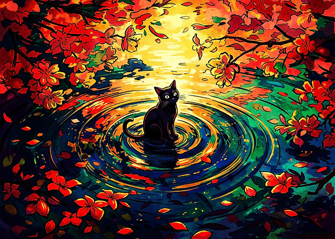 Black Cat in Vibrant Pond