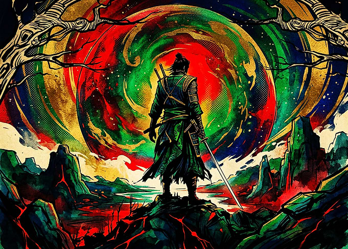 Samurai Standing Before Cosmic Portal