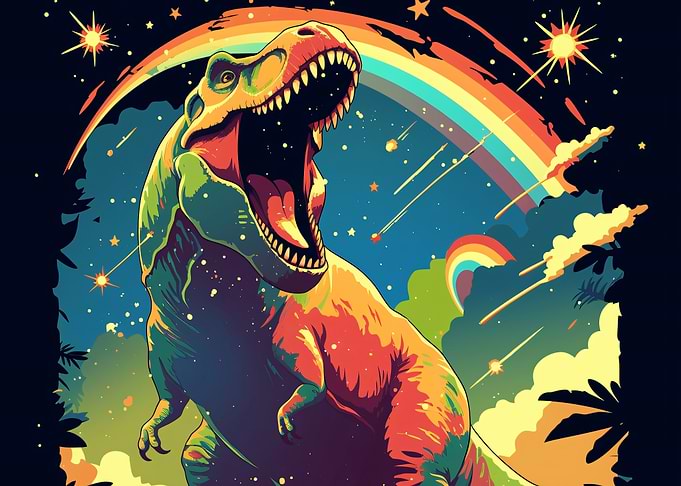 Colorful T-Rex in Cosmic Rainbow Sky