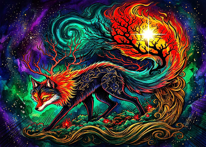 Mystical Cosmic Fox with Antlers