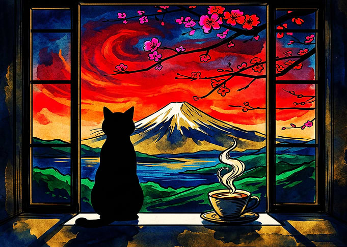 Cat Watching Mount Fuji at Sunset