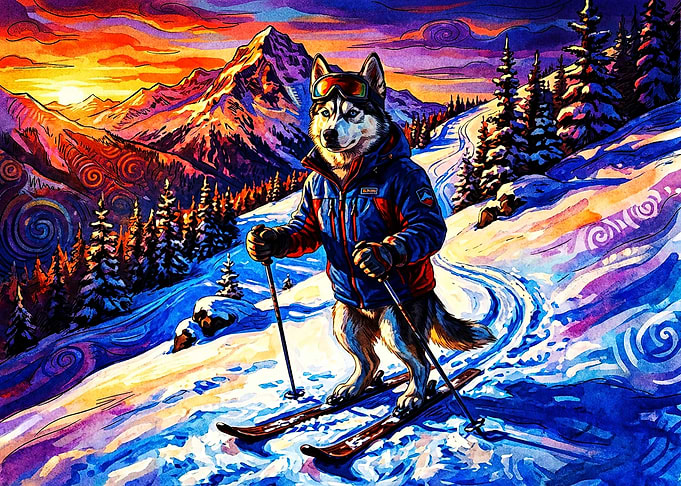Skiing Husky in Vibrant Mountain Landscape