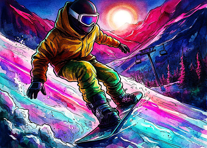 Vibrant Neon Snowboarder in Mountains