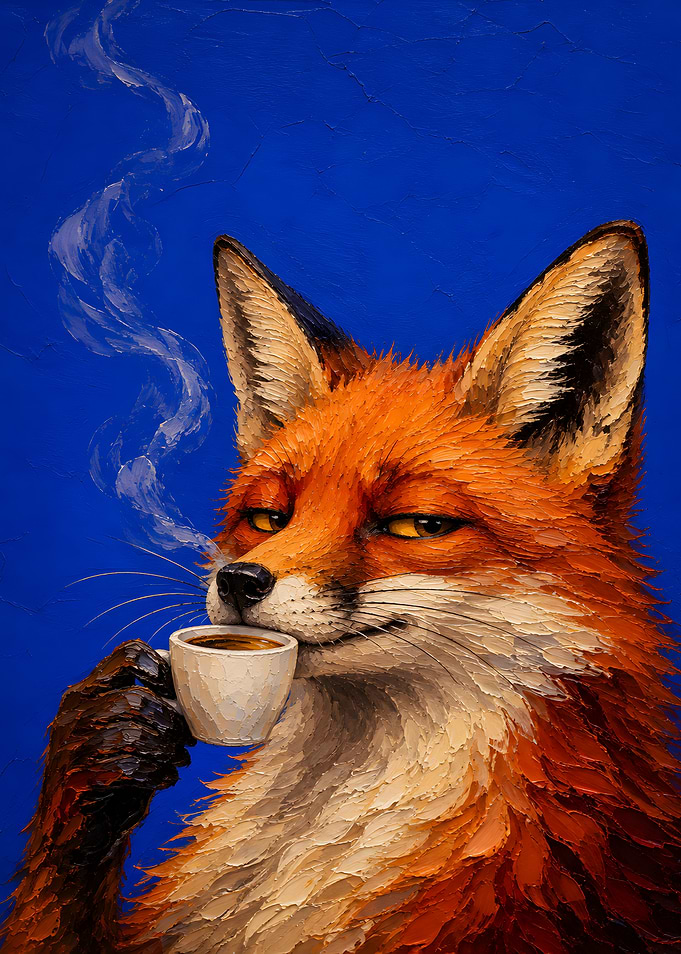 Fox Drinking Coffee Oil Painting