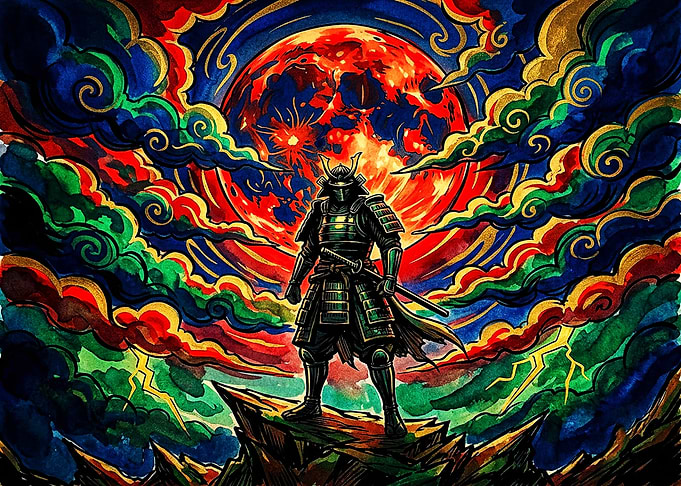 Samurai Standing Under Blood Moon