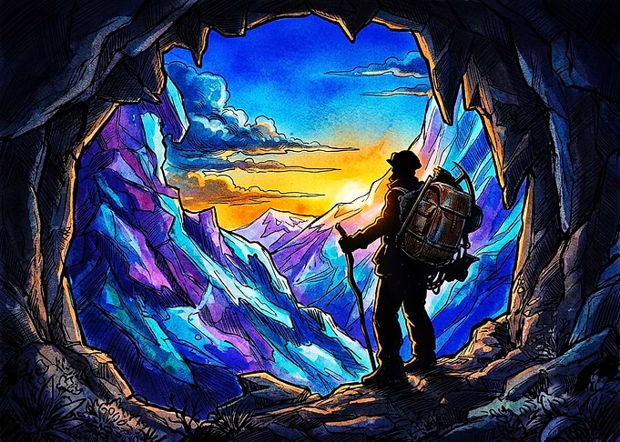 Adventurer Looking Out From Cave