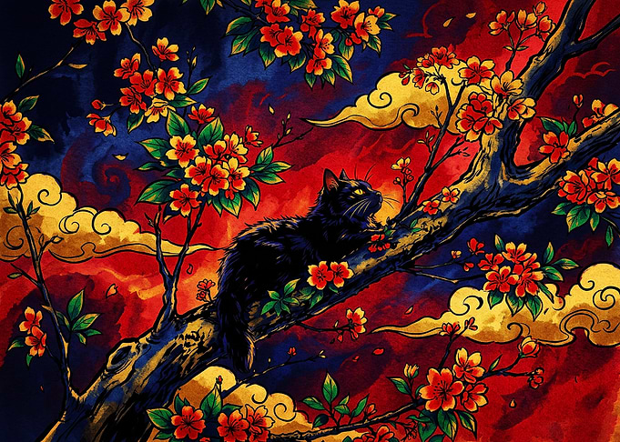 Black Cat in Cherry Blossom Tree