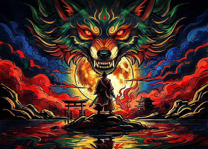 Samurai Facing a Giant Spirit Wolf