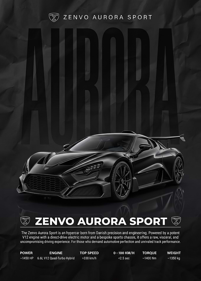 black sleek Zenvo Aurora Sport Hypercar Poster