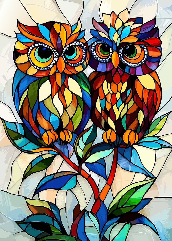 Stained Glass Colorful Owl Pair