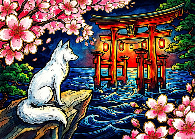 White Fox at Torii Gate