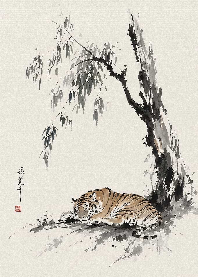 Tiger Resting Under Willow Tree Painting