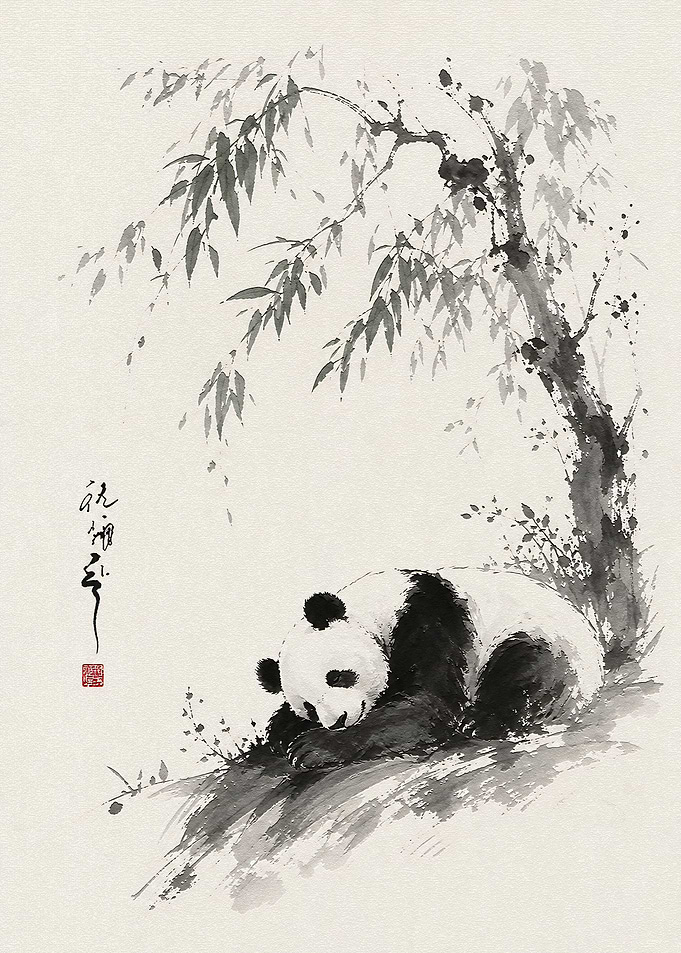 Sleeping Panda Ink Wash Painting