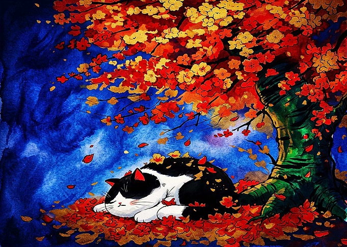 Sleeping Cat Under Autumn Tree