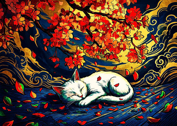 Sleeping White Cat Under Cherry Blossoms