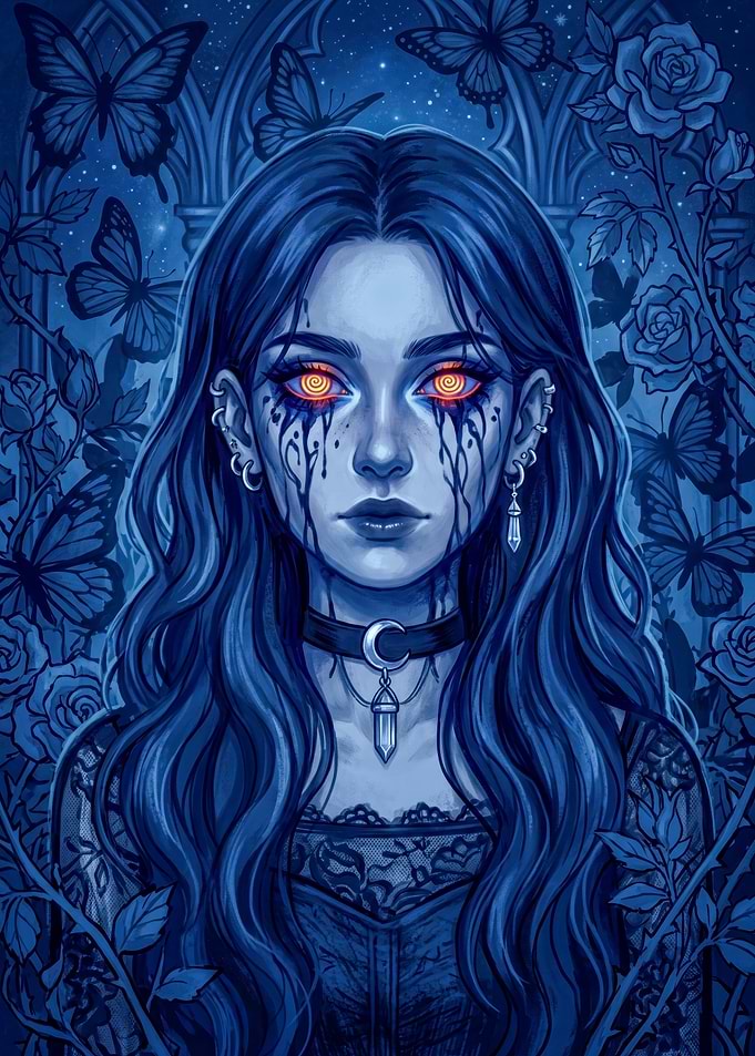 Gothic Girl with Glowing Spiral Eyes