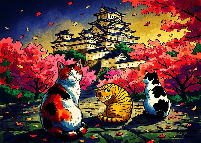 Three Cats Before Japanese Castle