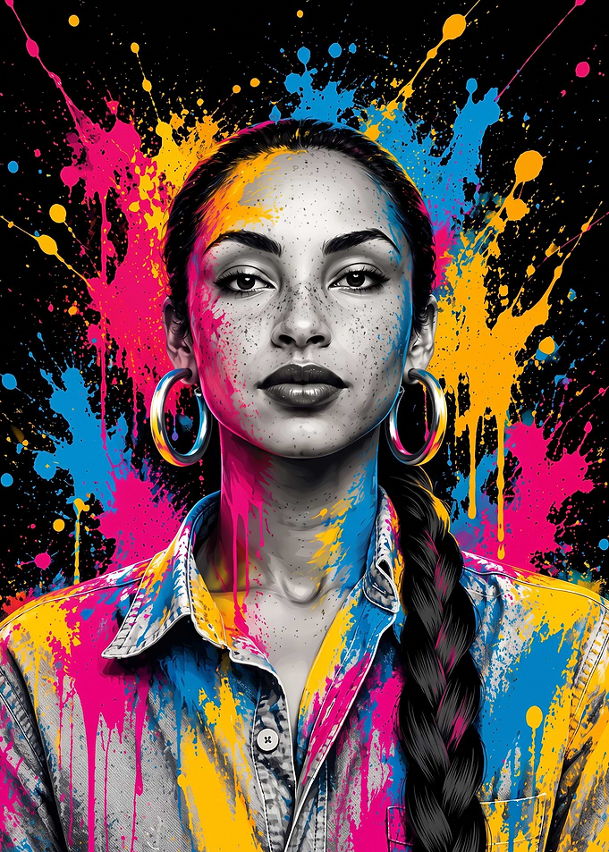 Sade Portrait with Colorful Paint Splatter