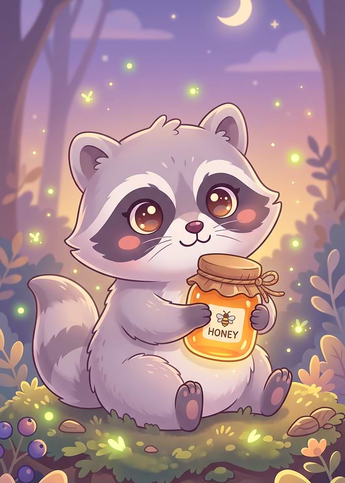 Cute Raccoon Holding Honey Jar