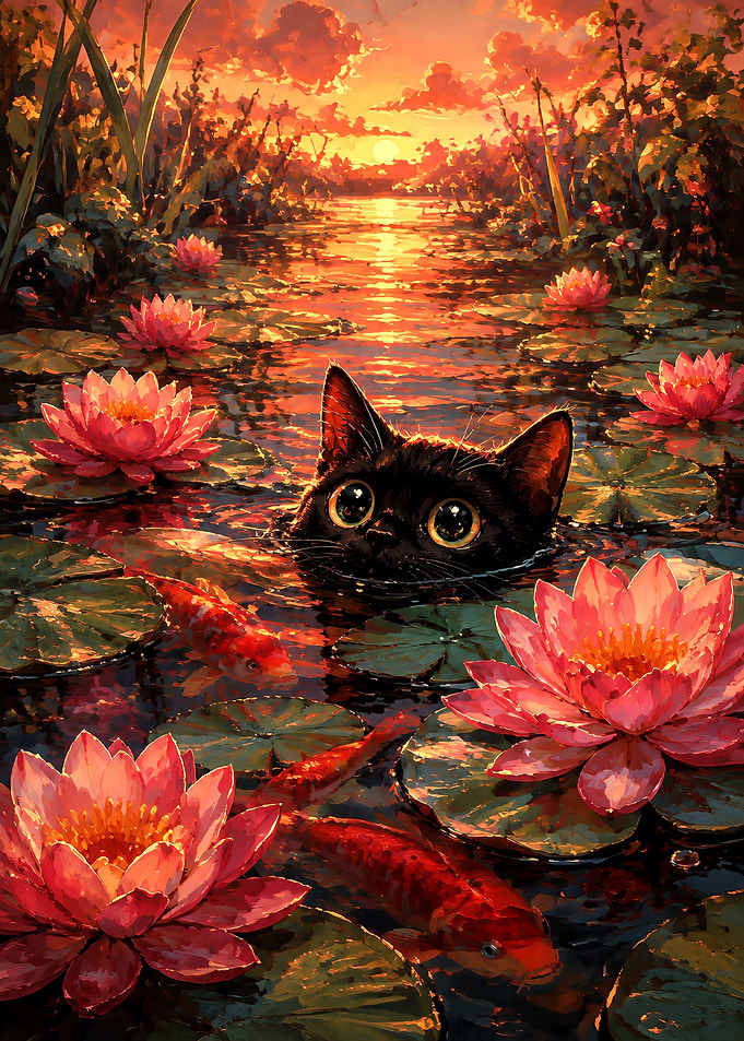 Black Cat Swimming Among Lotus Flowers