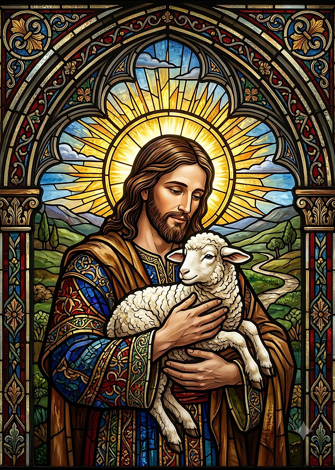 Jesus Christ Holding a Lamb Stained Glass
