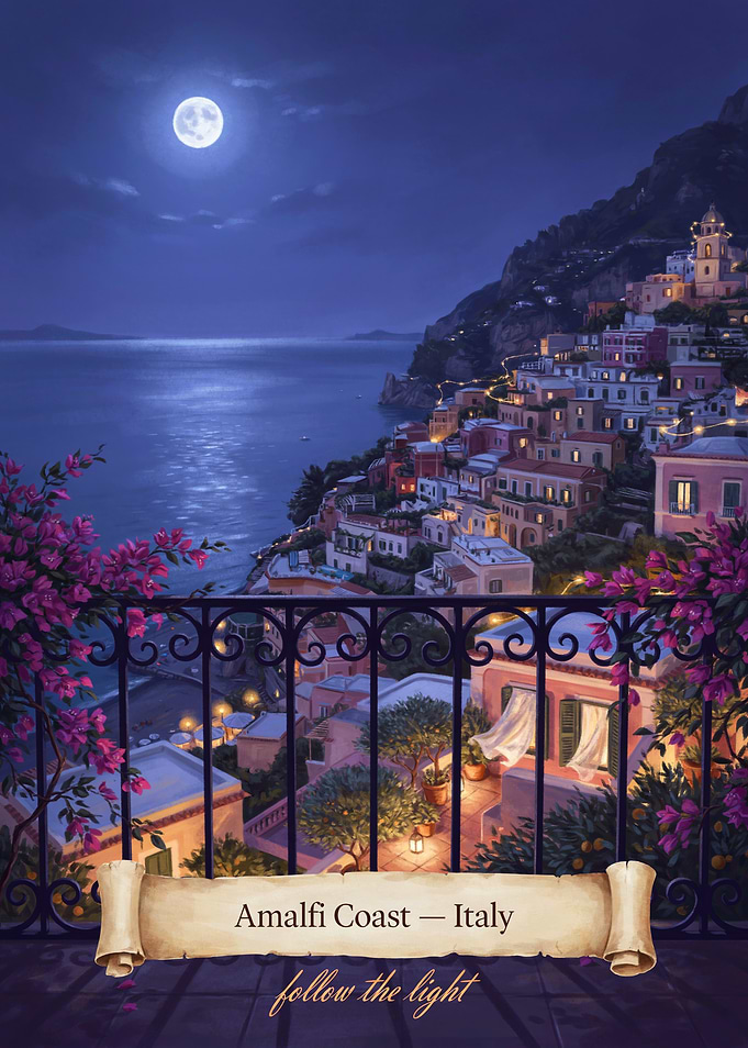 Amalfi Coast Moonlit Balcony Streetscape — Romantic Mystical Coastal Night Art