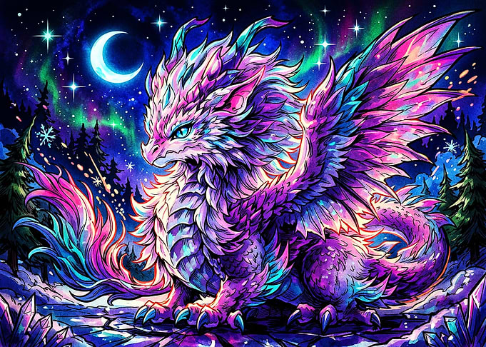 Neon Fantasy Dragon Under Aurora