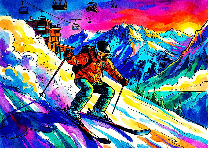 Vibrant Psychedelic Skiing Mountain Scene
