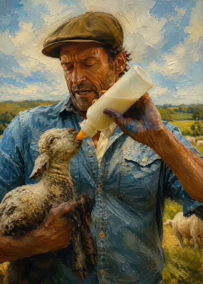 Farmer Feeding a Lamb Painting