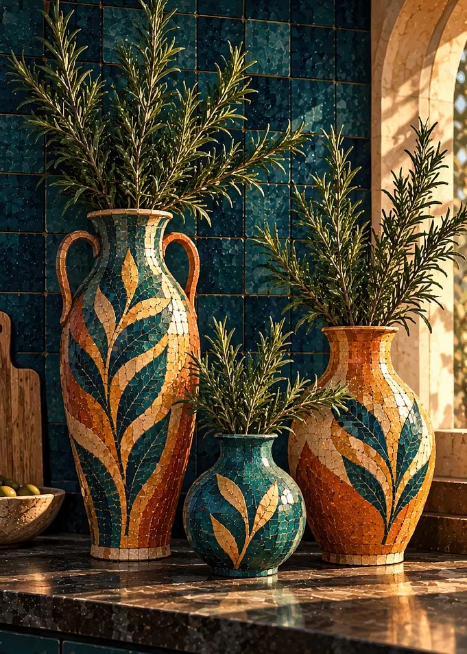 Mediterranean Mosaic Vases with Rosemary